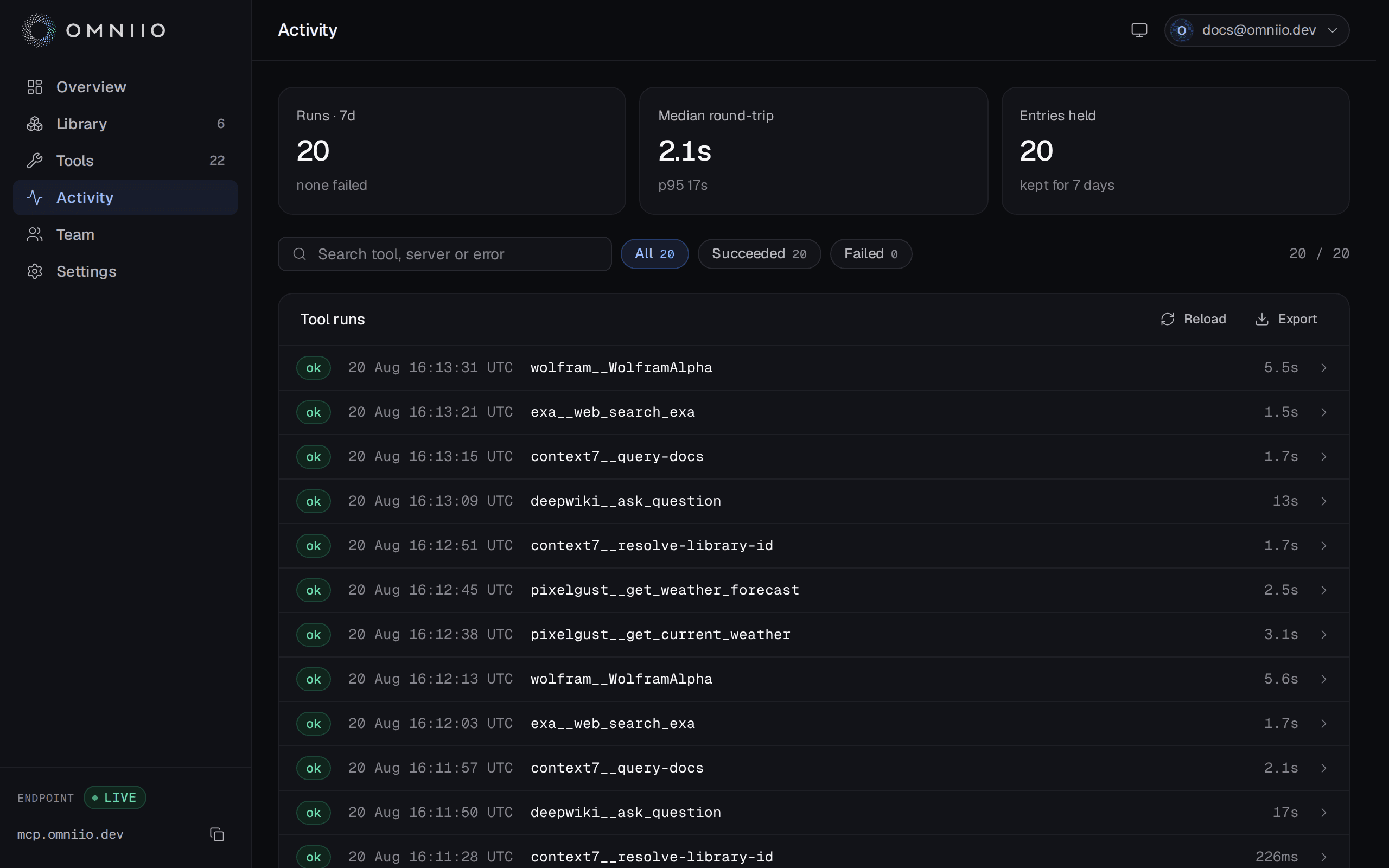 The Omniio activity page with run totals, latency metrics, filters and expandable tool-call rows