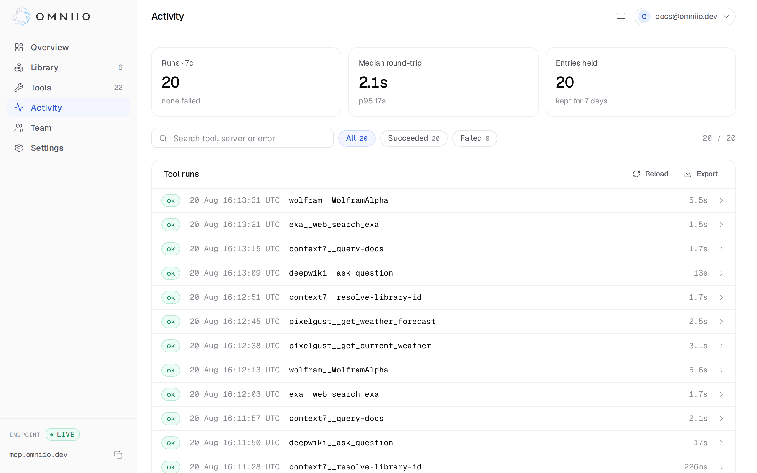 The Omniio activity page with run totals, latency metrics, filters and expandable tool-call rows