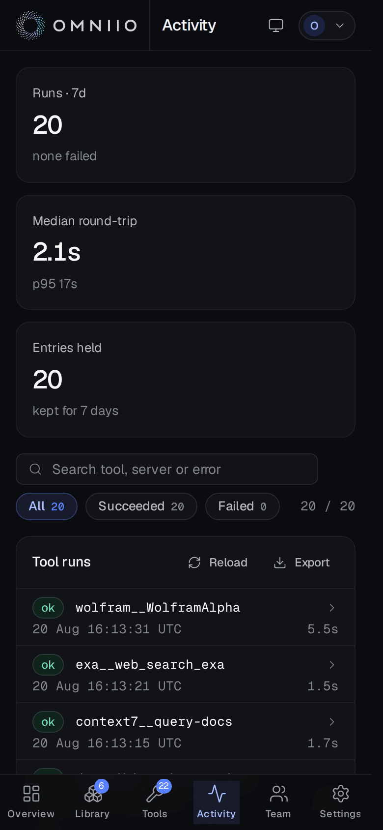 The mobile Omniio activity page with compact filters and expandable run rows