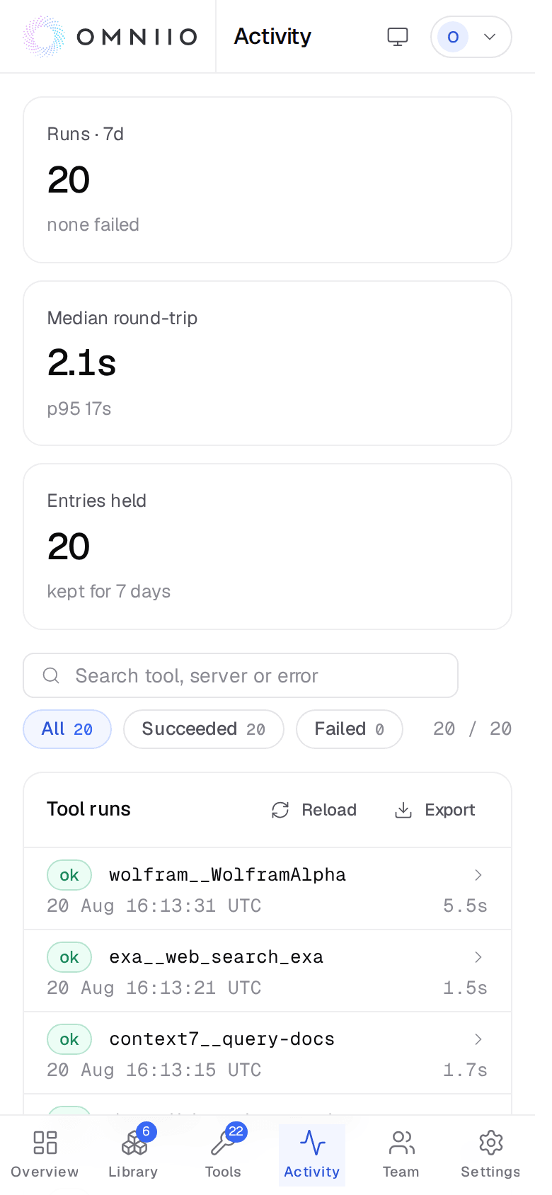 The mobile Omniio activity page with compact filters and expandable run rows
