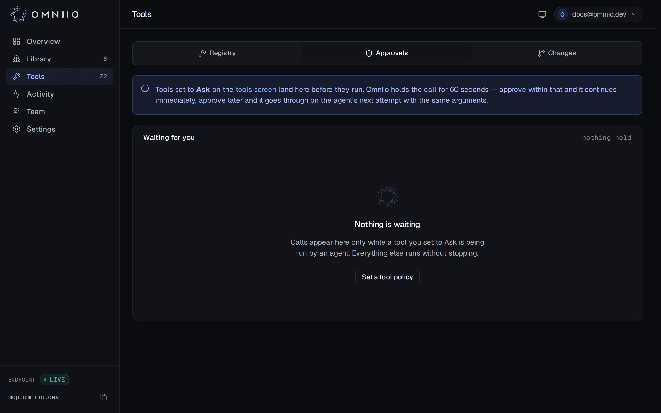 The Omniio approvals page with a pending tool call, its arguments, expiry and approve and deny controls