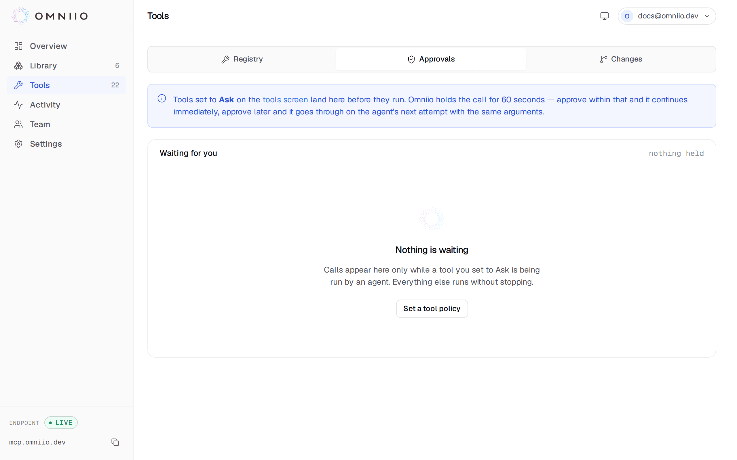The Omniio approvals page with a pending tool call, its arguments, expiry and approve and deny controls