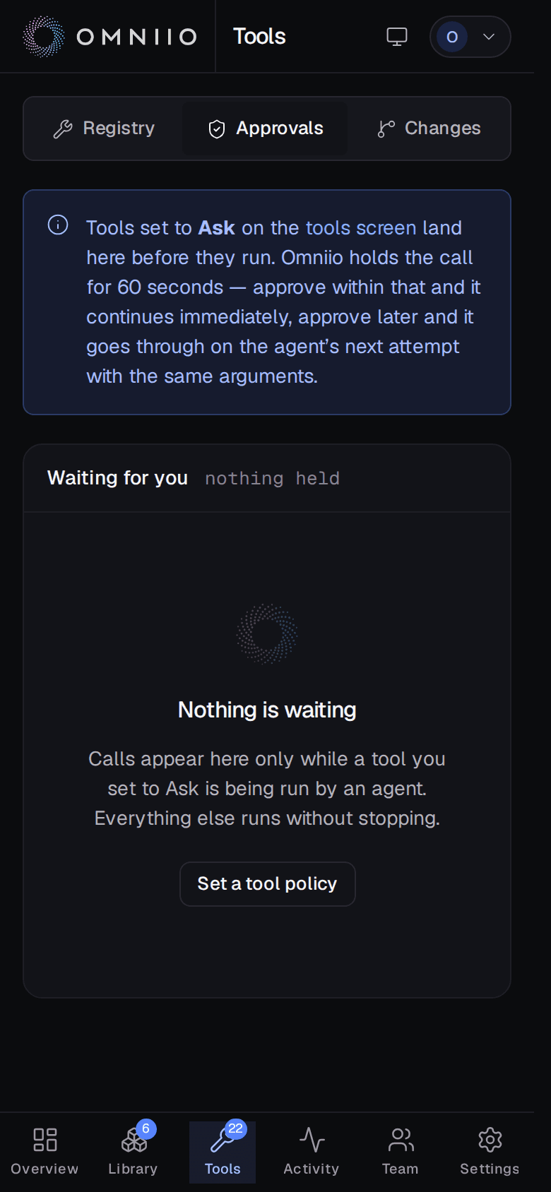 The mobile approvals page showing a pending tool call and its decision controls in one column