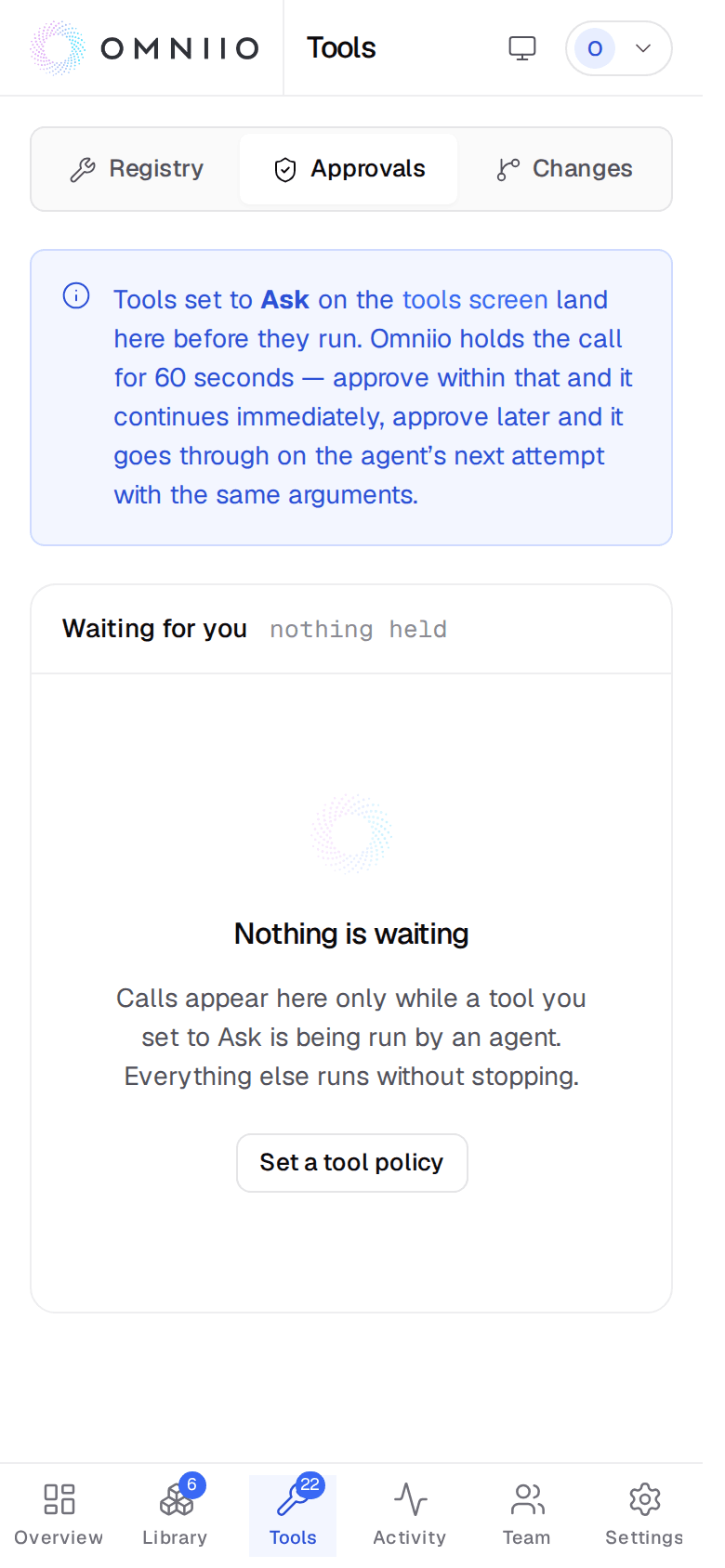 The mobile approvals page showing a pending tool call and its decision controls in one column