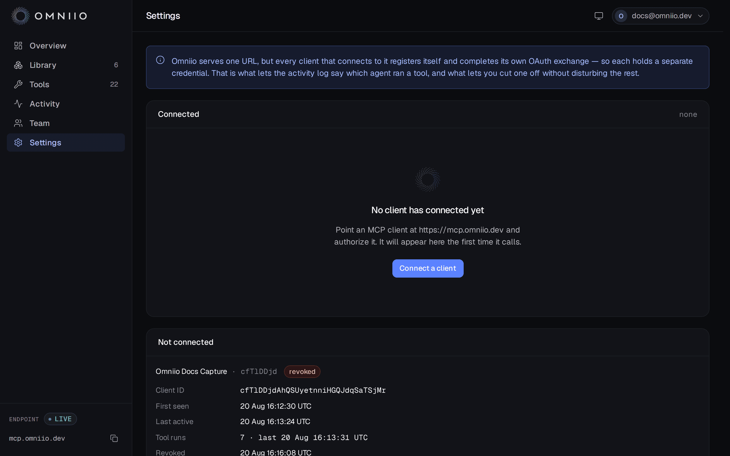 The connections screen listing each authorized MCP client with its last-active time and a revoke control
