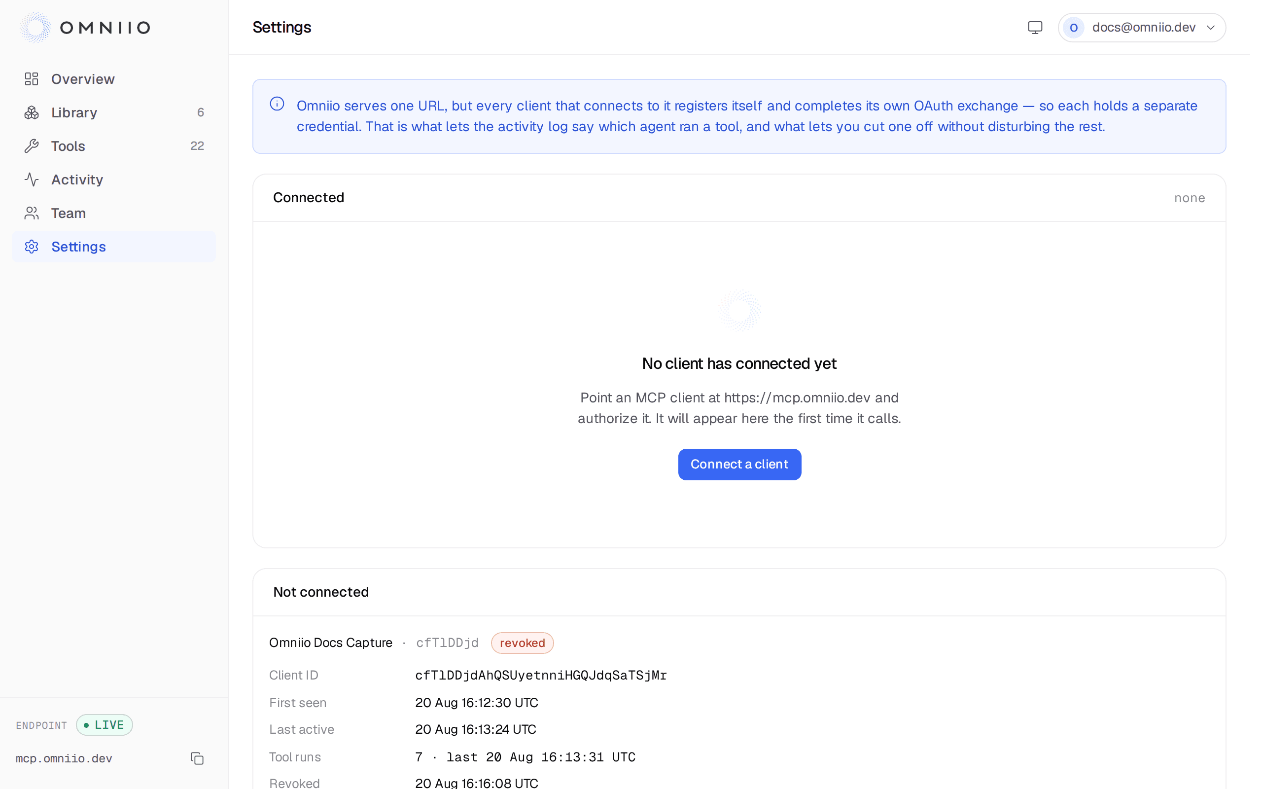 The connections screen listing each authorized MCP client with its last-active time and a revoke control