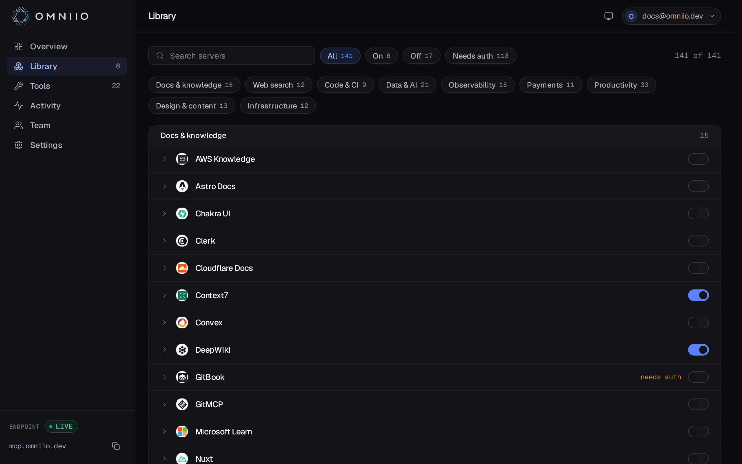 The Omniio library, listing available MCP servers grouped by category with a switch on each