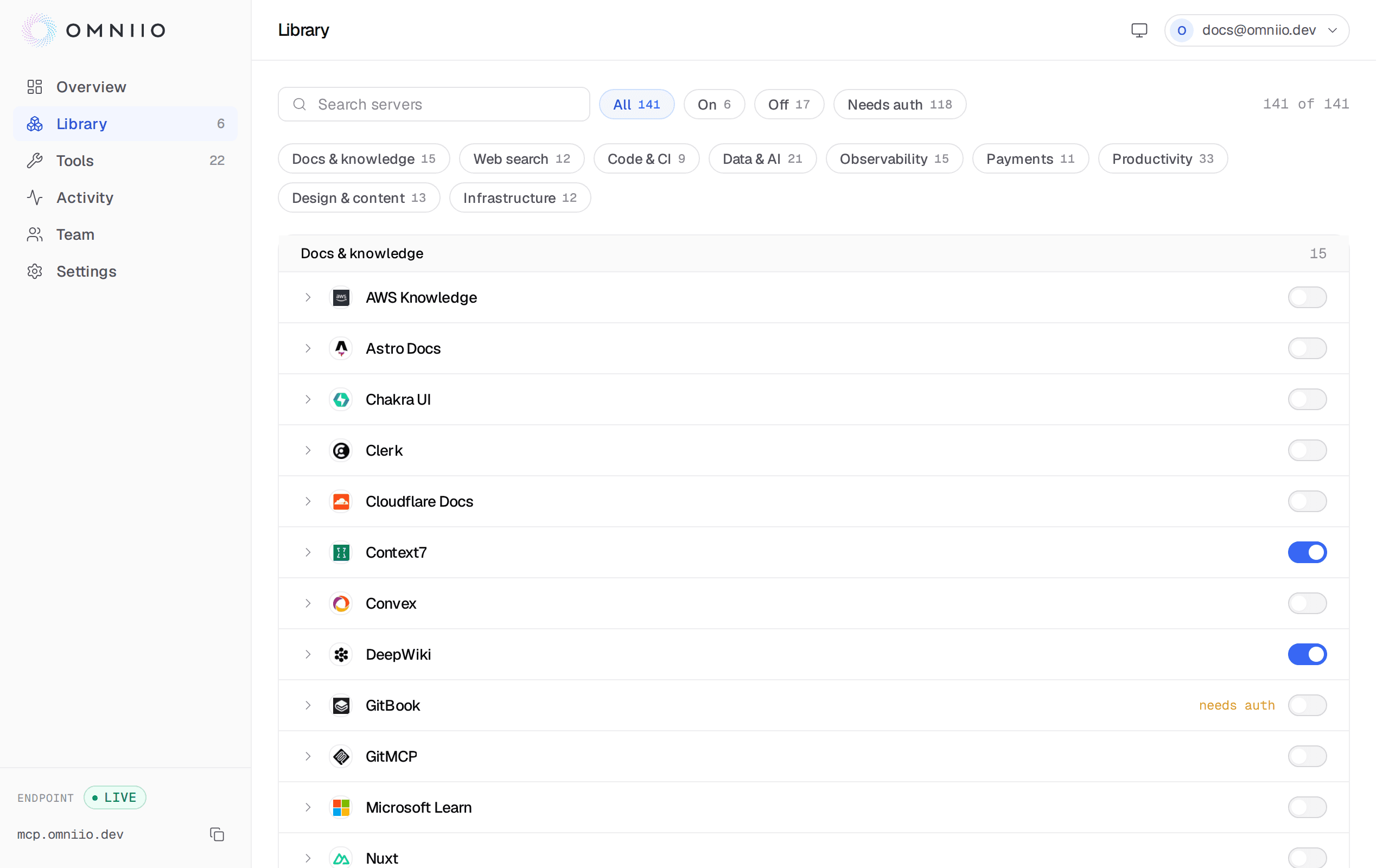 The Omniio library, listing available MCP servers grouped by category with a switch on each