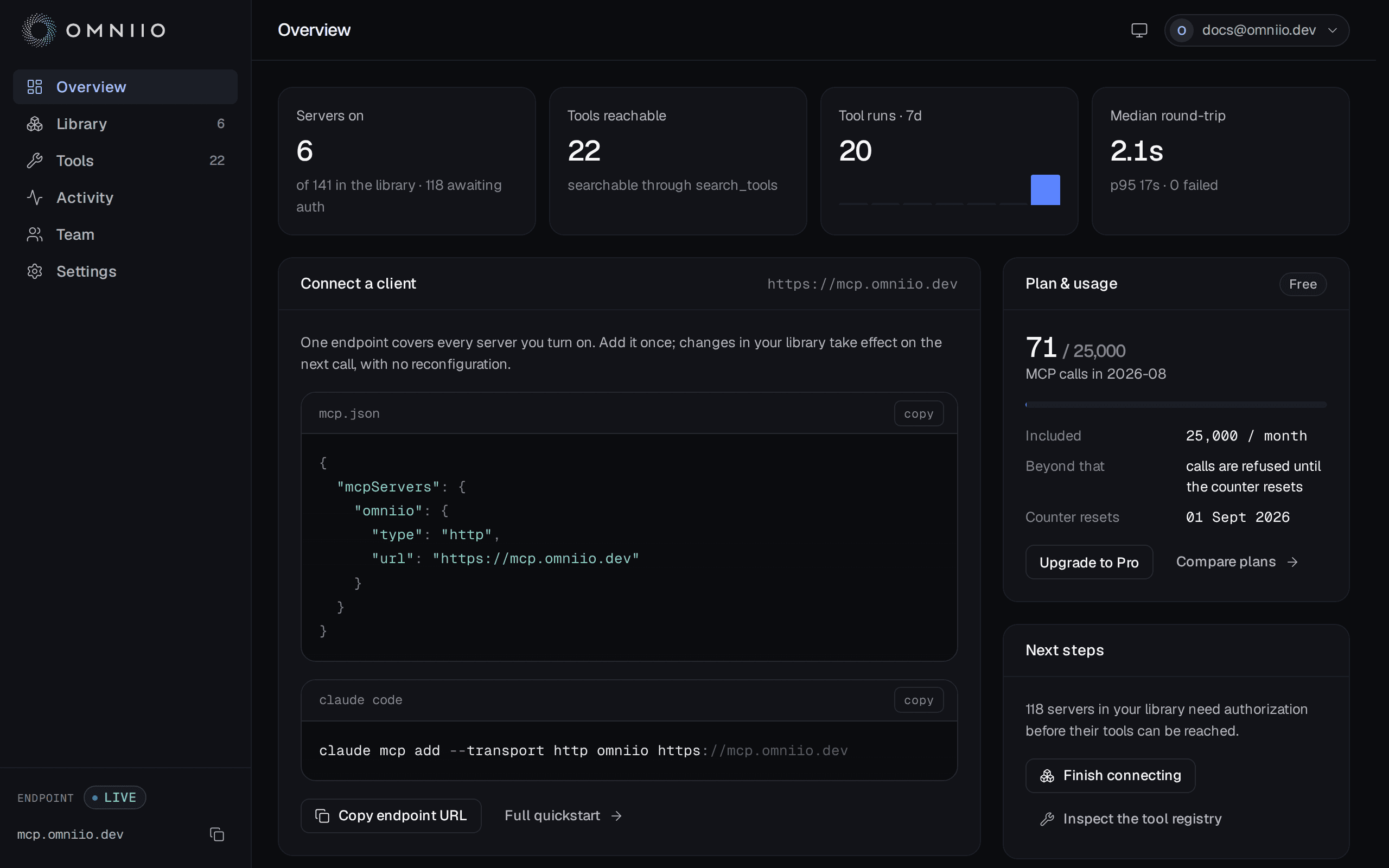 The Omniio overview screen, showing connected servers, calls this period and recent activity