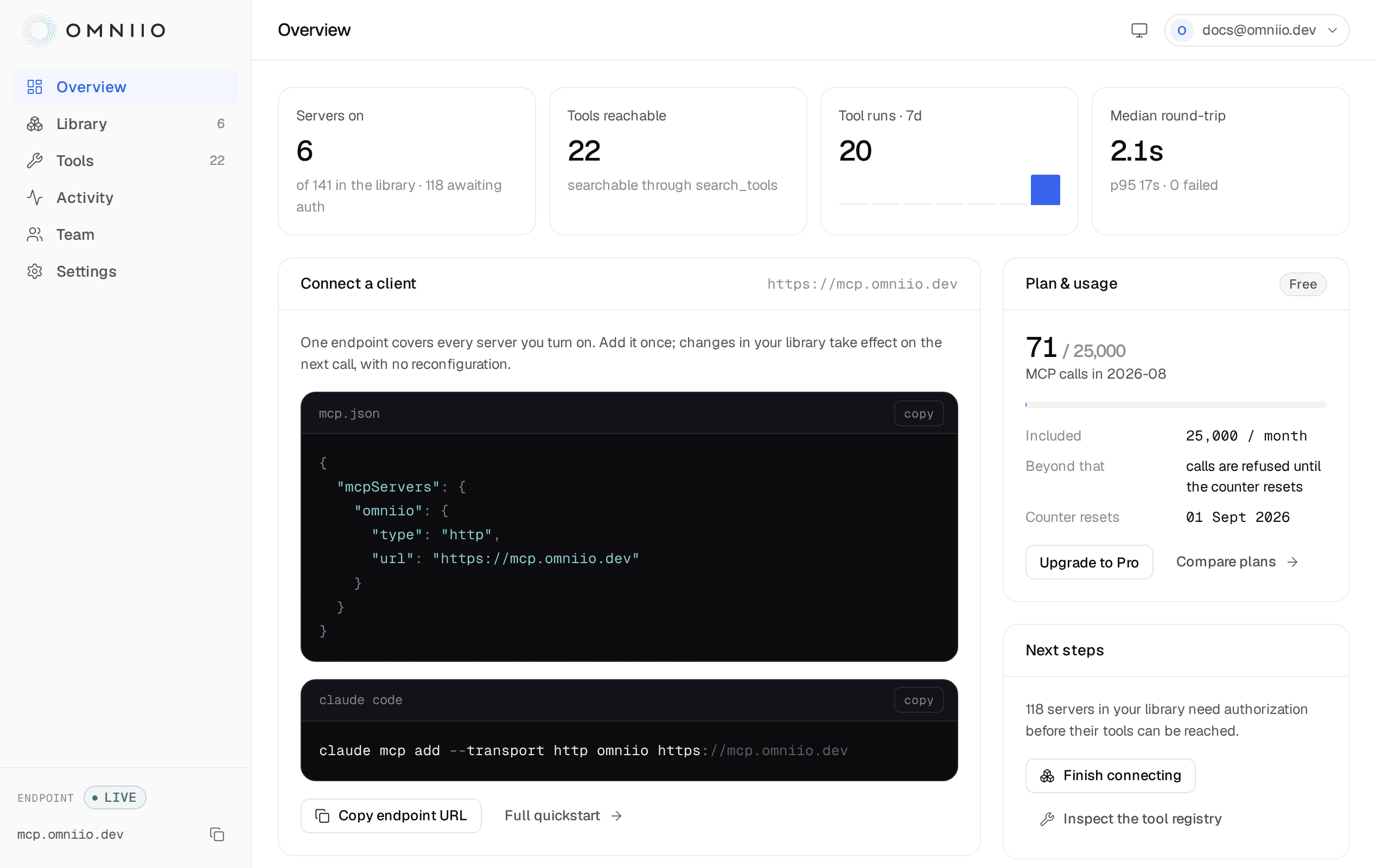 The Omniio overview screen, showing connected servers, calls this period and recent activity