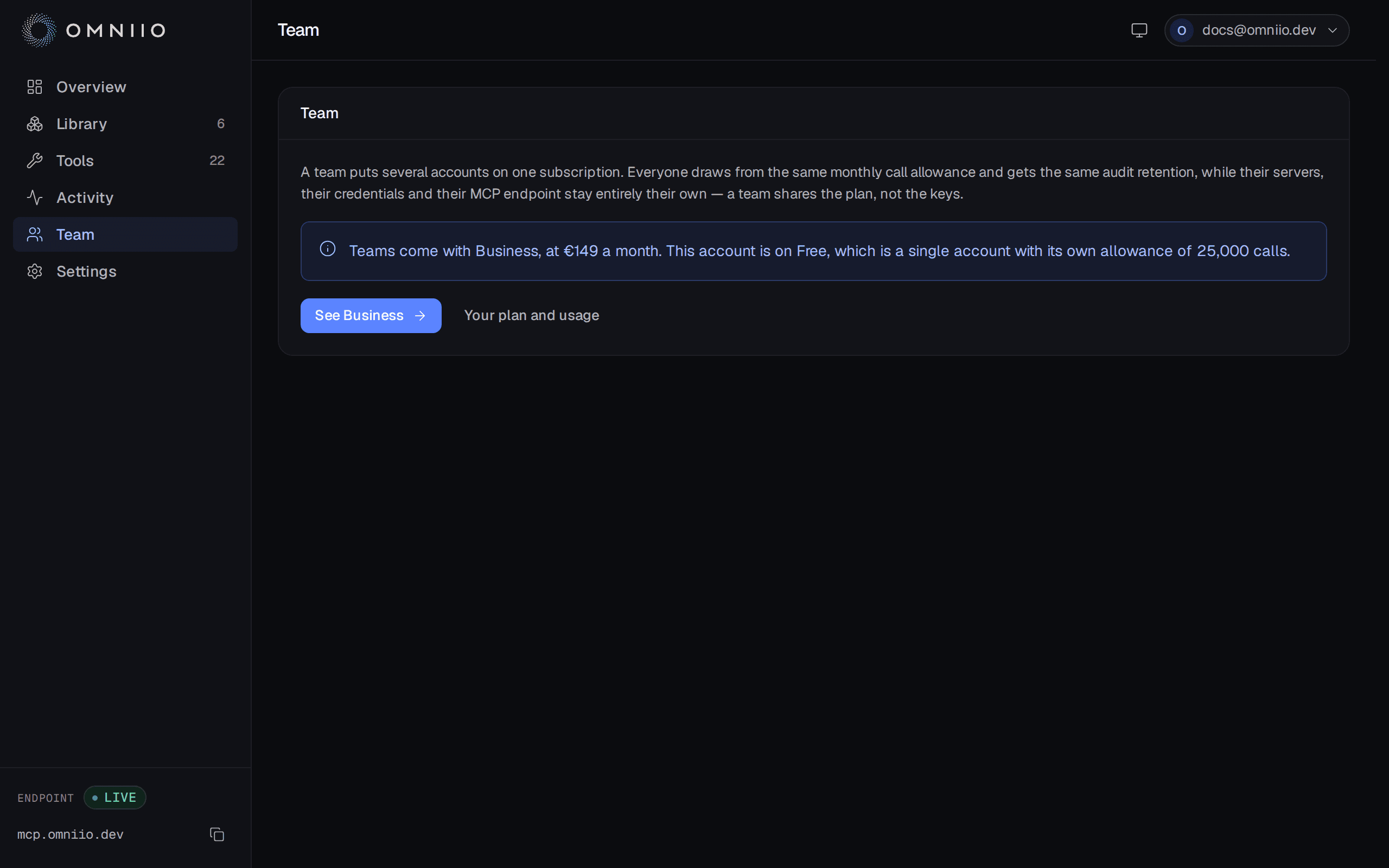 The Omniio team page with member roles, recent tool runs, plan usage and team controls