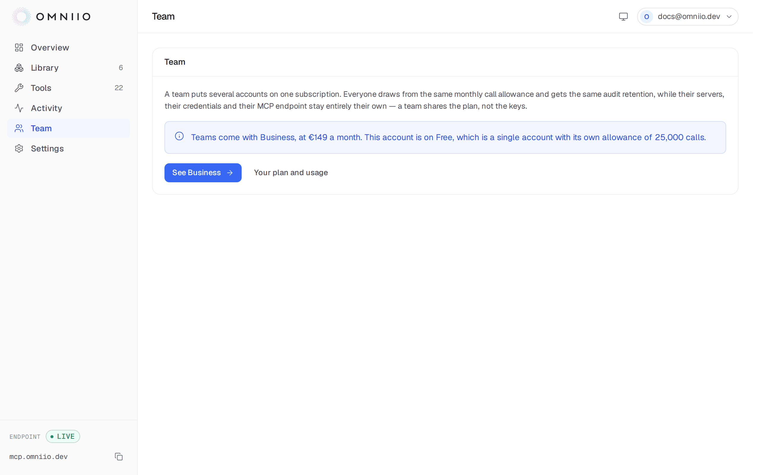 The Omniio team page with member roles, recent tool runs, plan usage and team controls