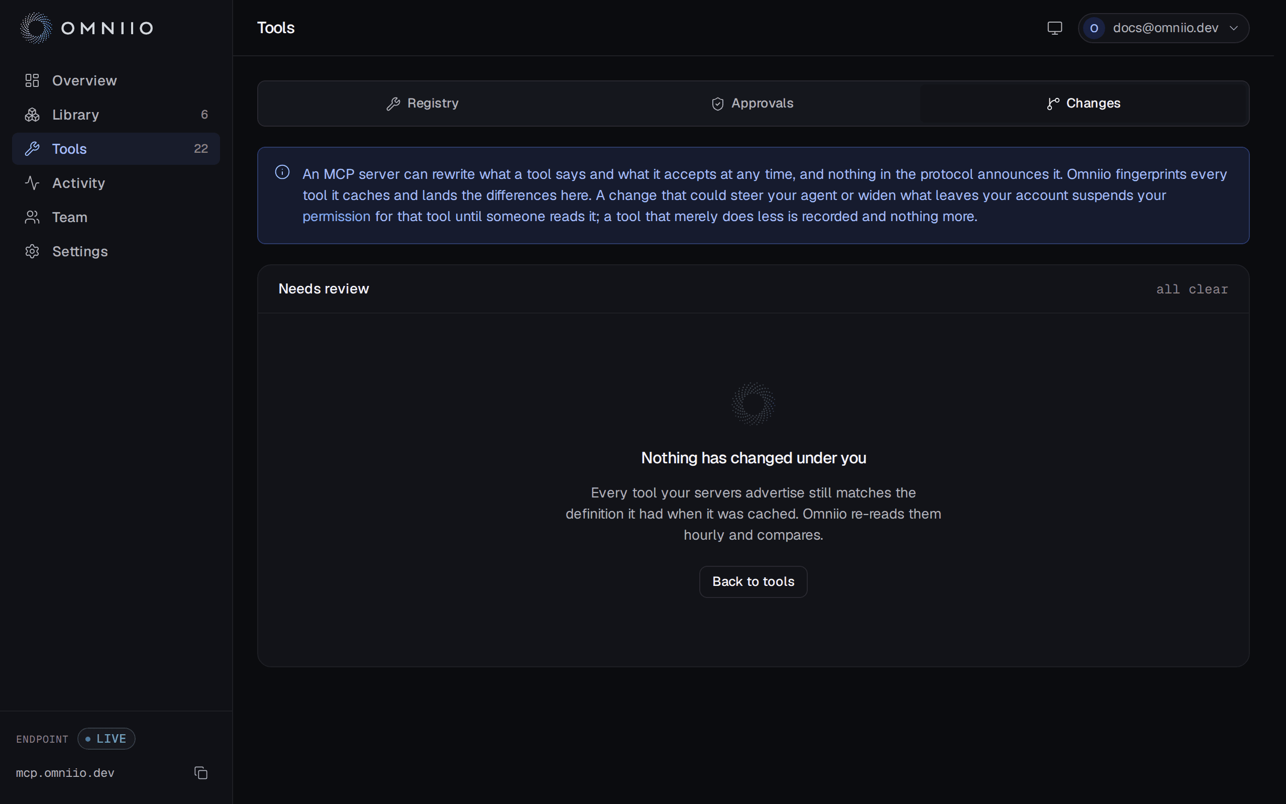 The Omniio tool changes page showing why a definition changed and its before and after JSON