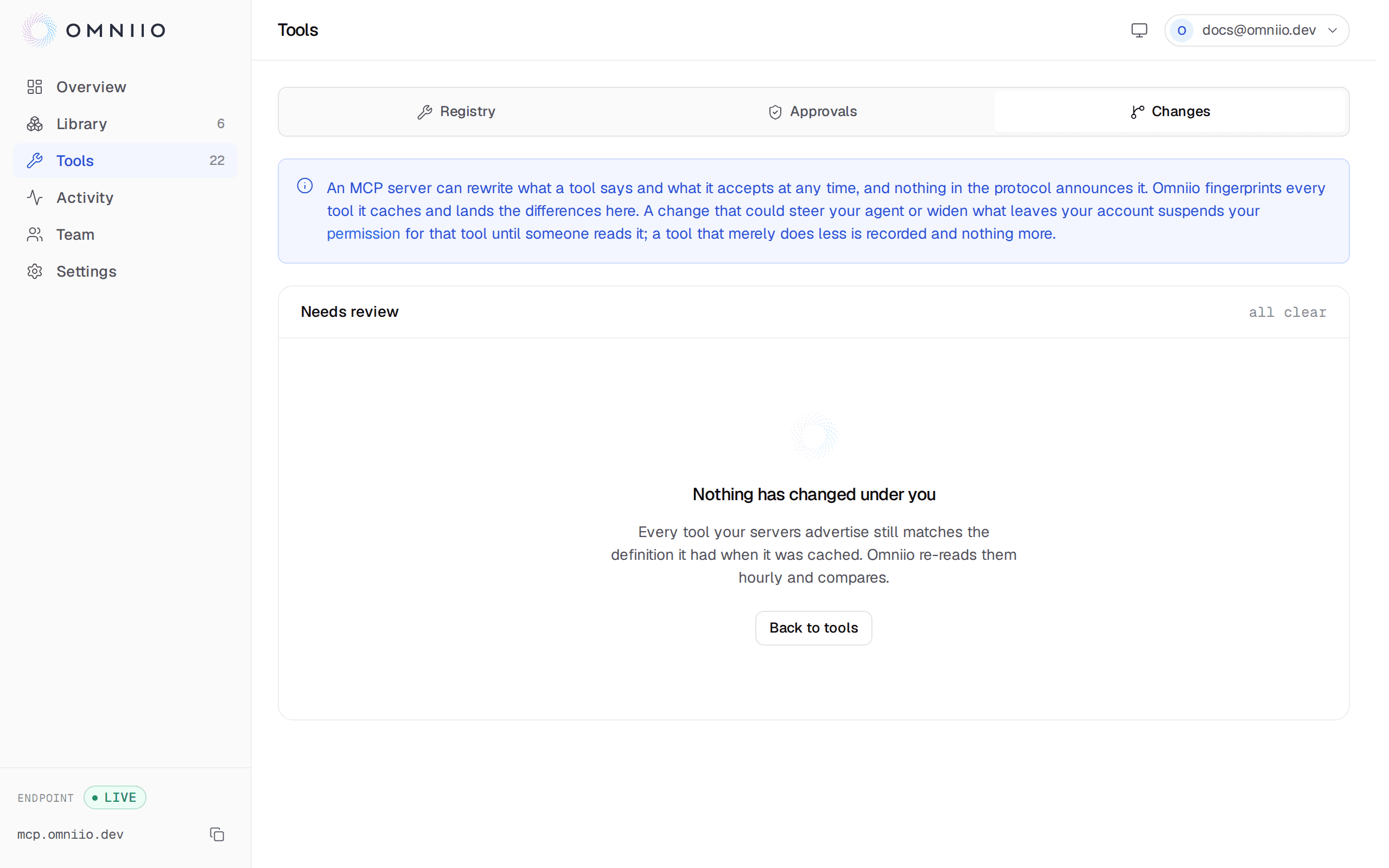 The Omniio tool changes page showing why a definition changed and its before and after JSON