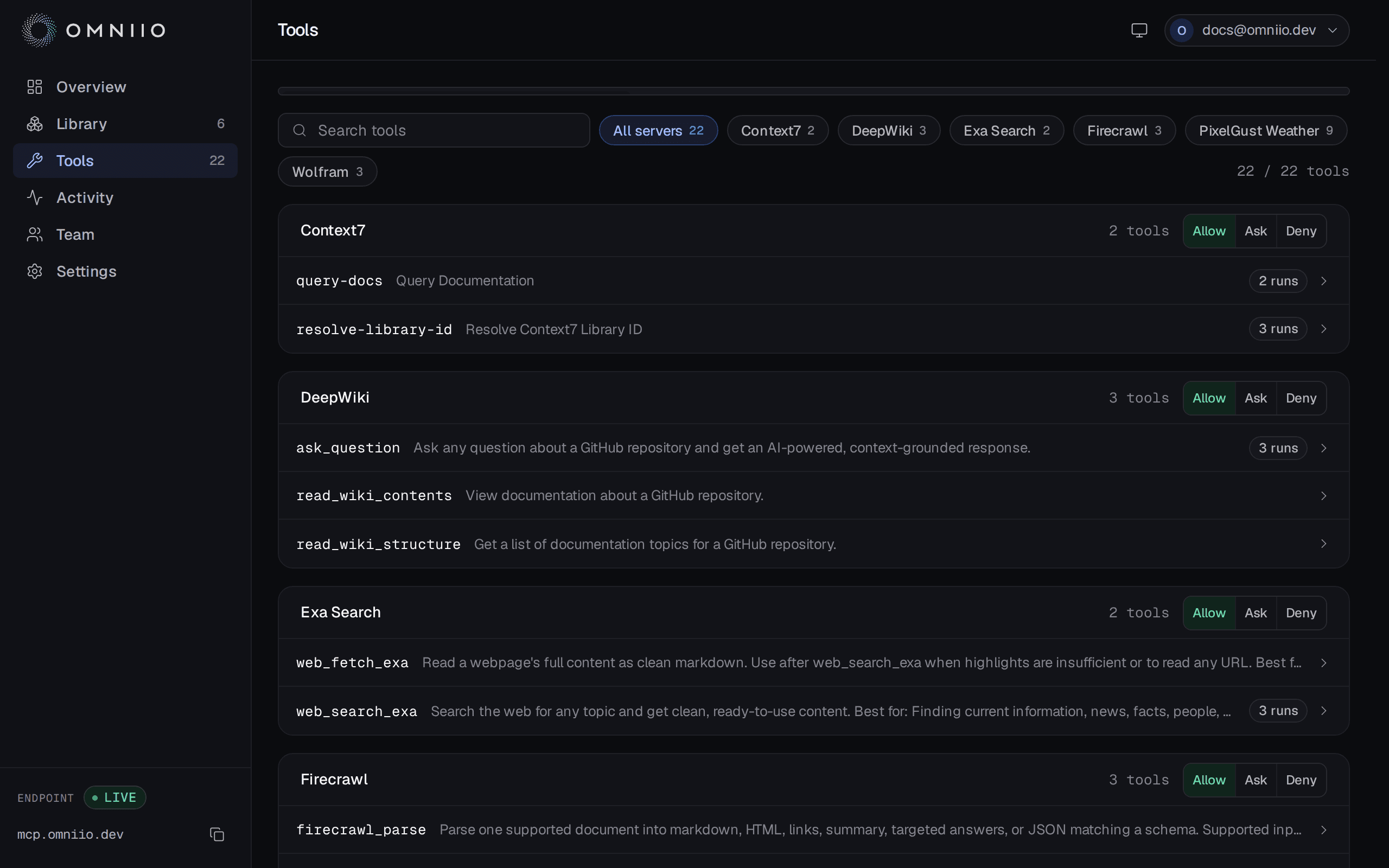 The Omniio tools page listing tools by server with Allowed, Ask first and Denied policy controls