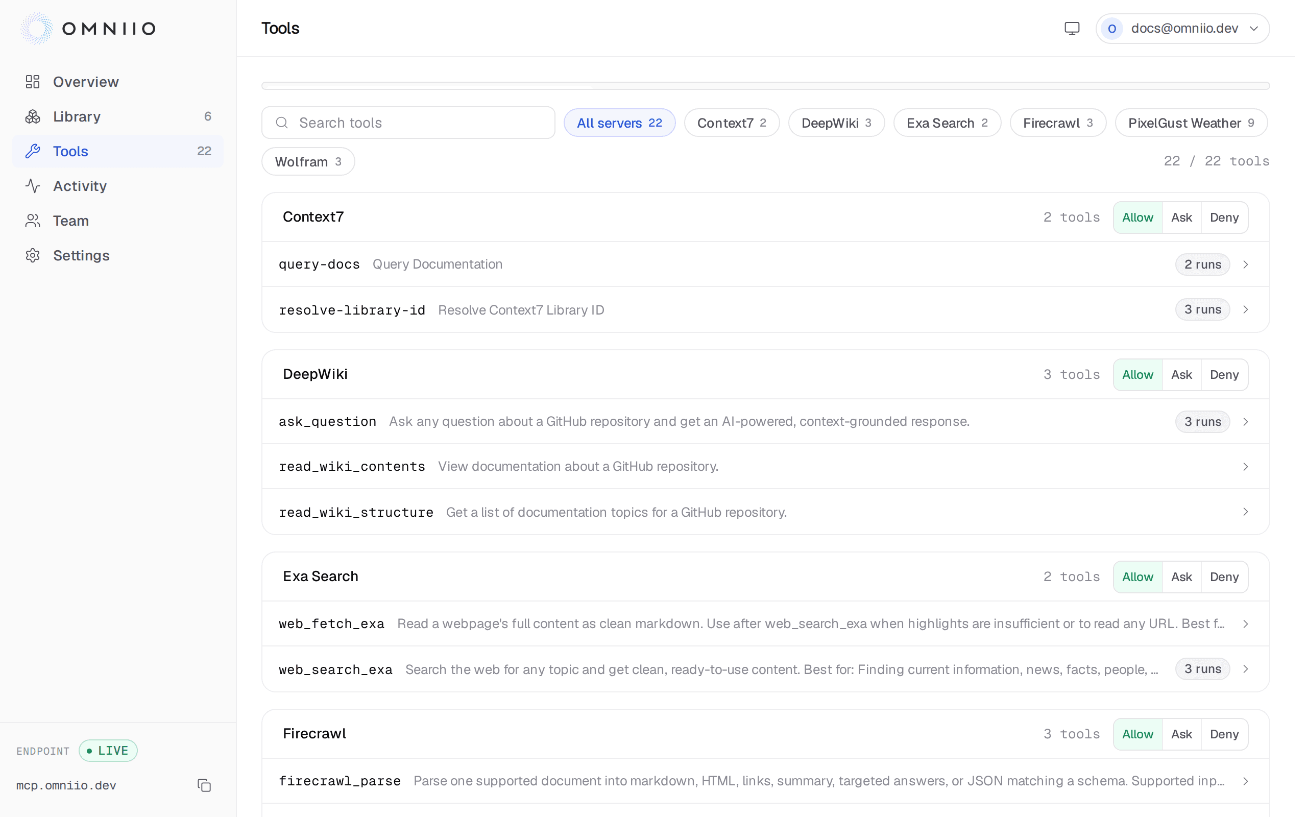 The Omniio tools page listing tools by server with Allowed, Ask first and Denied policy controls