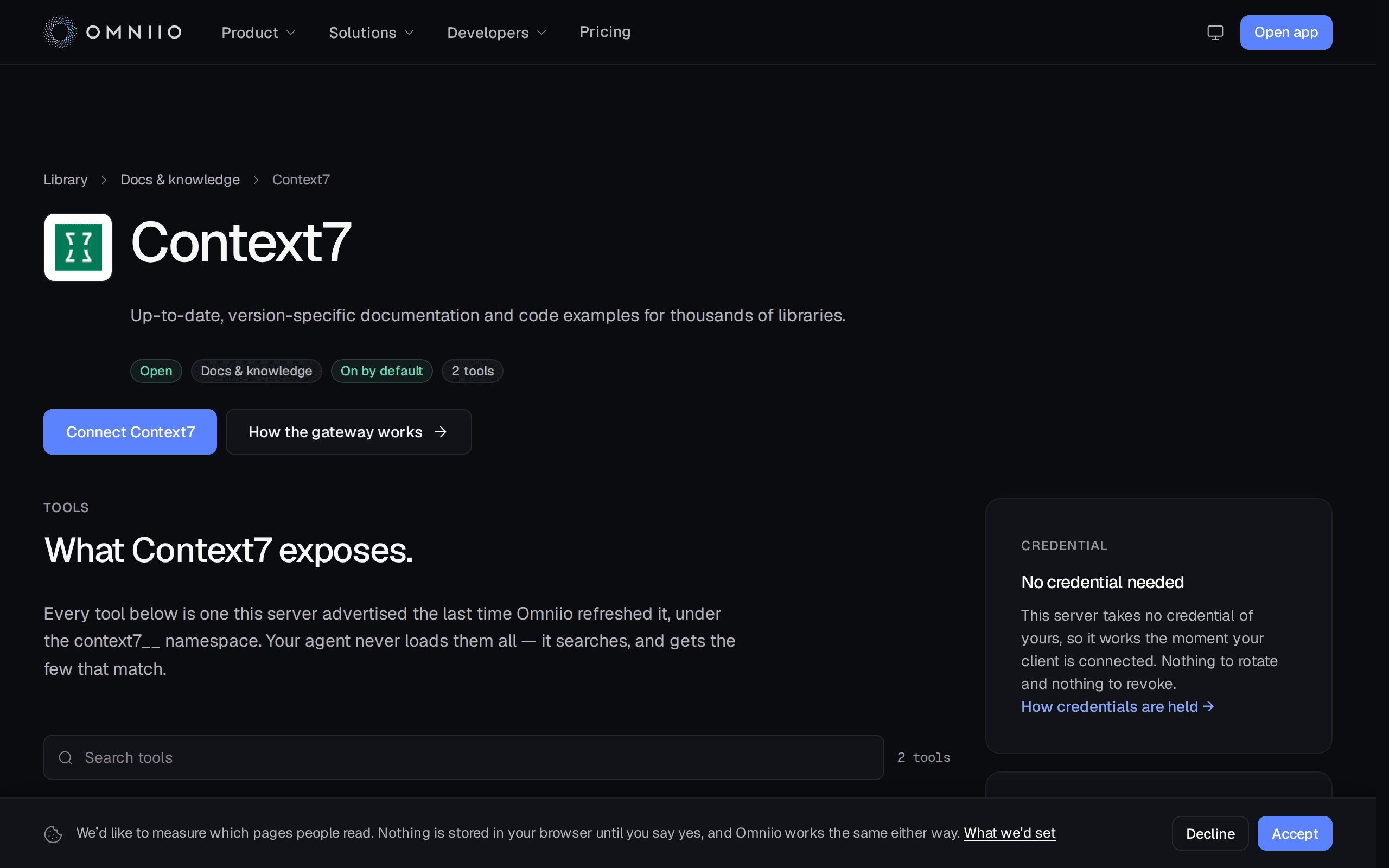 A public library page for one MCP server, listing every tool it advertises with its description