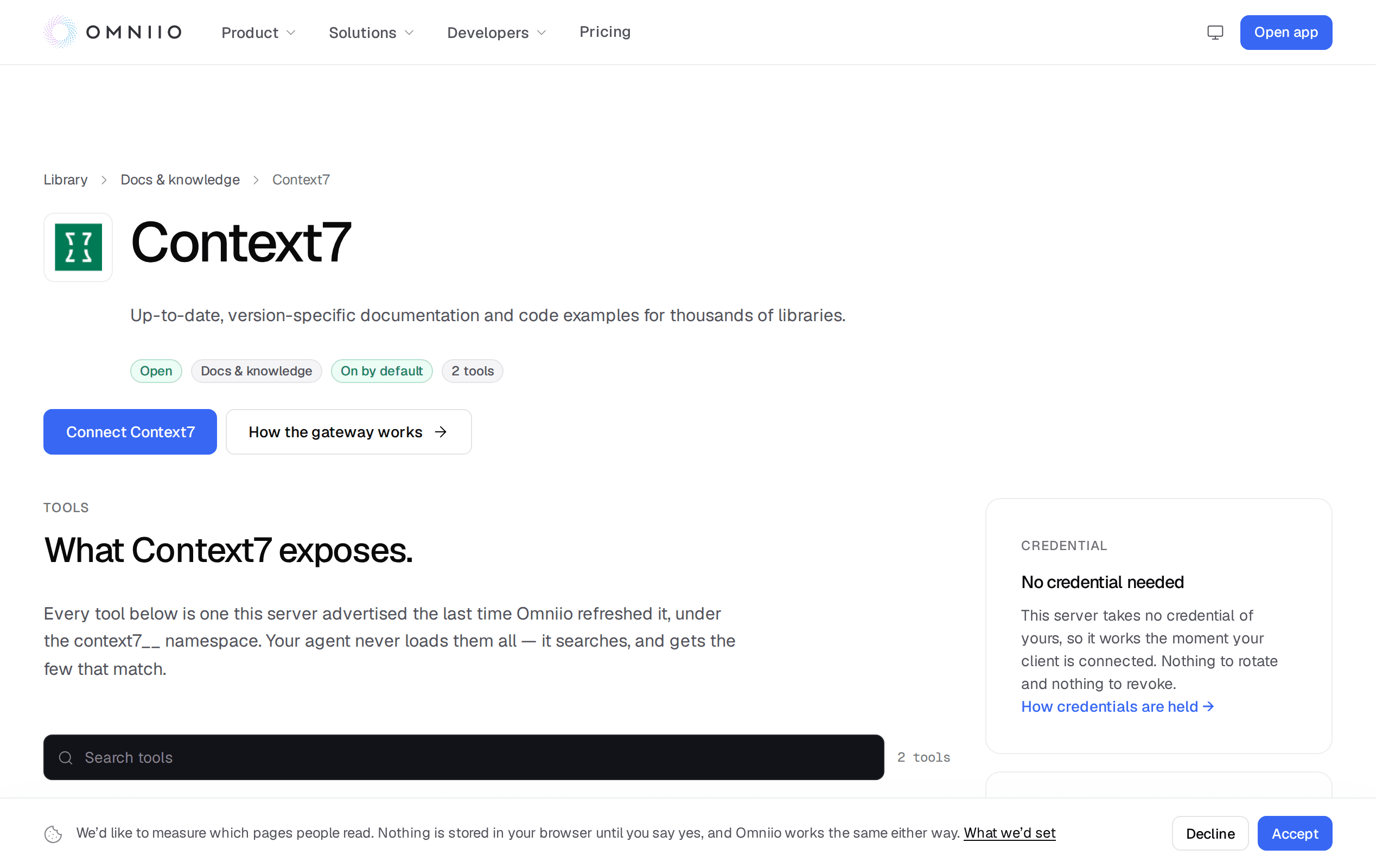 A public library page for one MCP server, listing every tool it advertises with its description